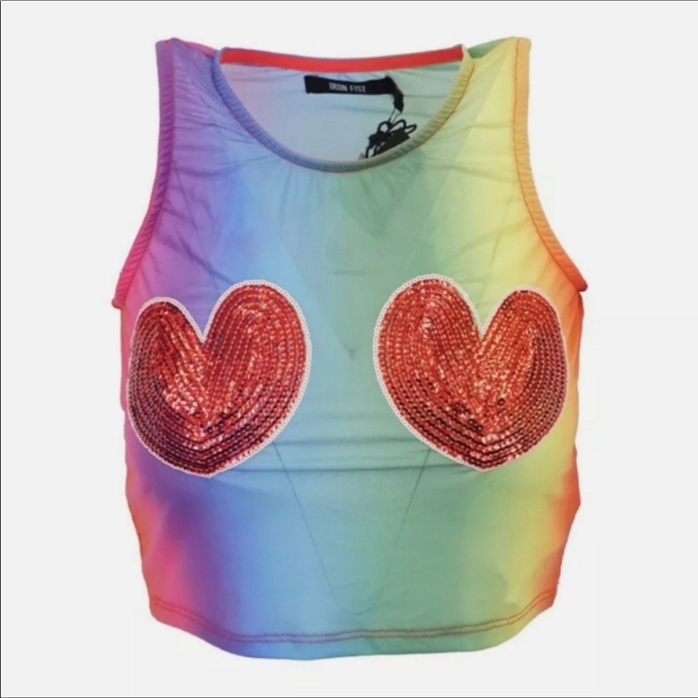 🎀🌈 Iron Fist SomeWhere Over Mesh Crop Top NWT rainbow Sequin Hearts PRIDE